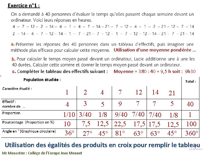 Exercice n° 1 : Utilisation d’une moyenne pondérée … c. Compléter le tableau des