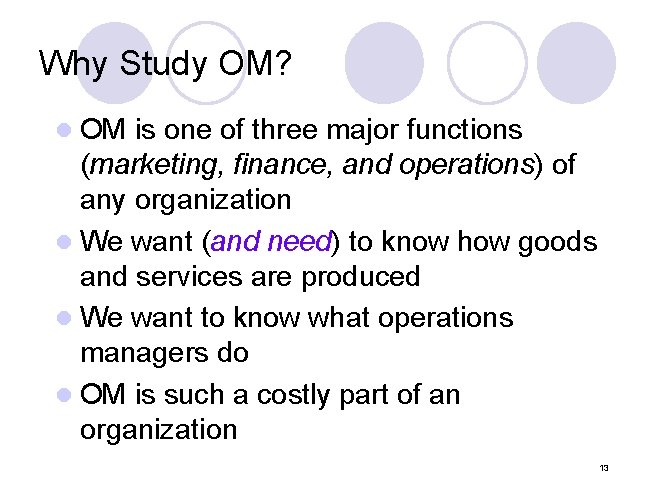 Why Study OM? l OM is one of three major functions (marketing, finance, and