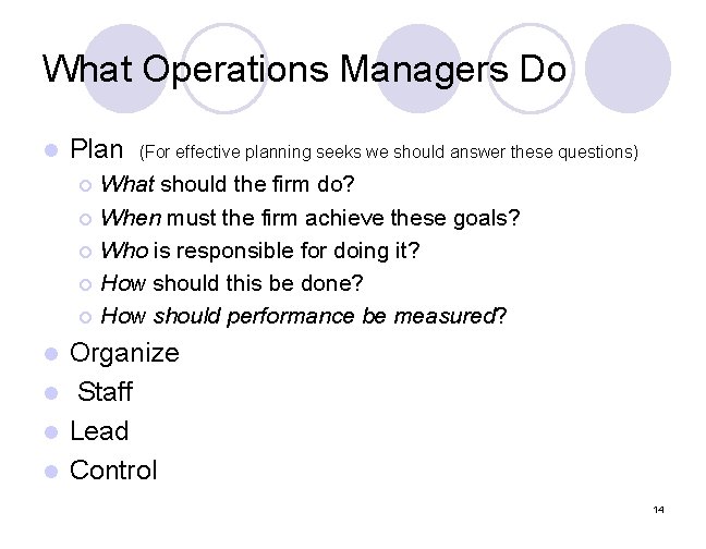 What Operations Managers Do l Plan ¡ ¡ ¡ (For effective planning seeks we