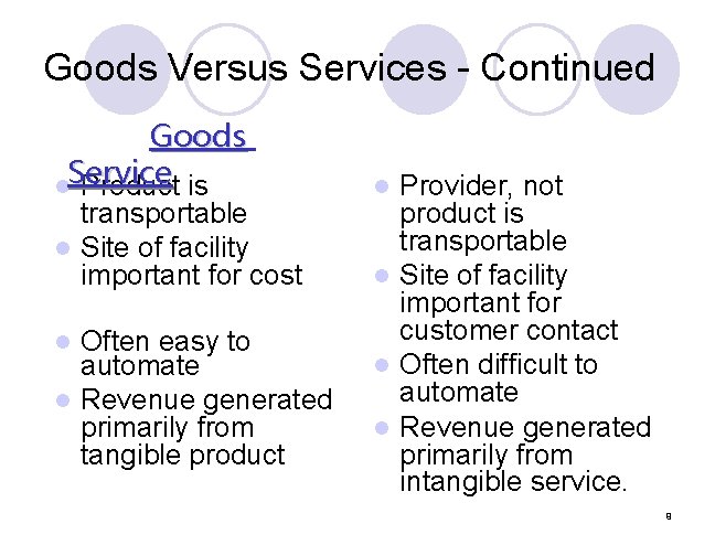 Goods Versus Services - Continued Goods Service l Product is transportable l Site of