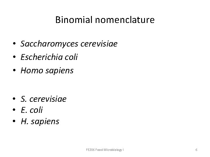 Binomial nomenclature • Saccharomyces cerevisiae • Escherichia coli • Homo sapiens • S. cerevisiae