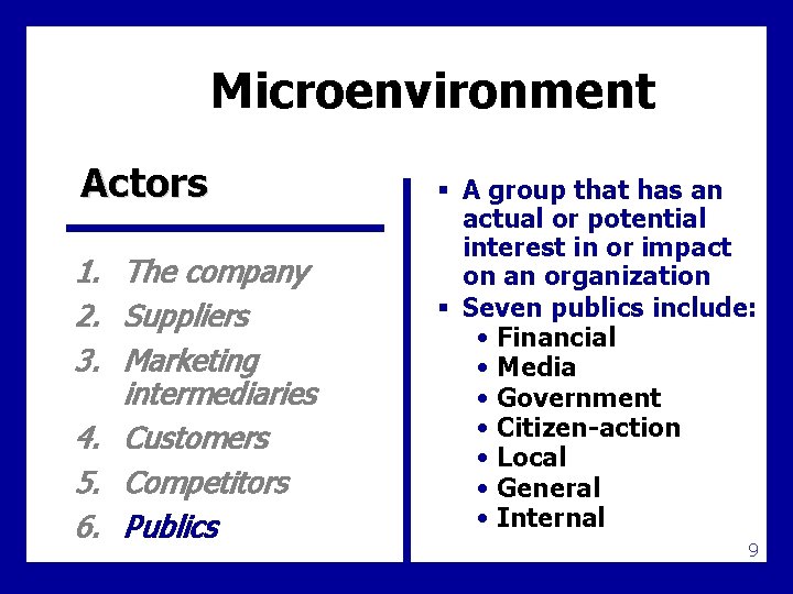 Microenvironment Actors 1. The company 2. Suppliers 3. Marketing intermediaries 4. Customers 5. Competitors