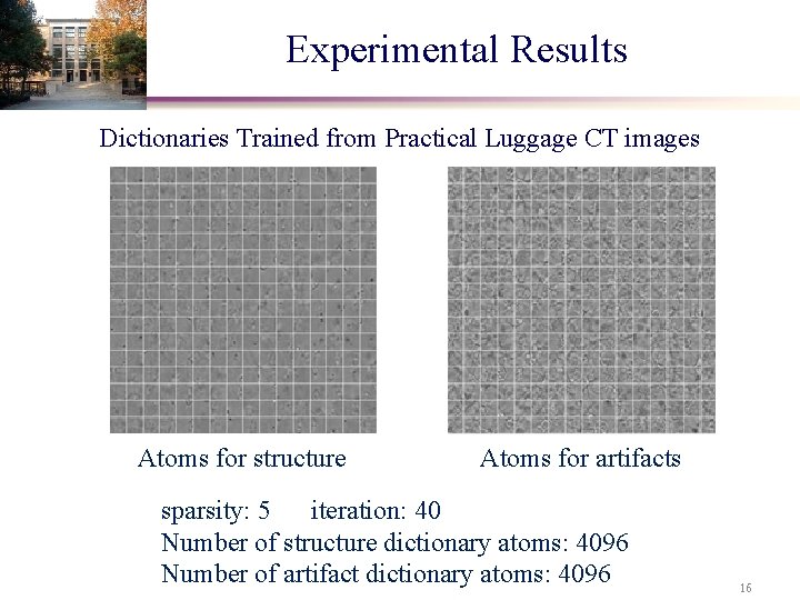 Experimental Results Dictionaries Trained from Practical Luggage CT images Atoms for structure Atoms for