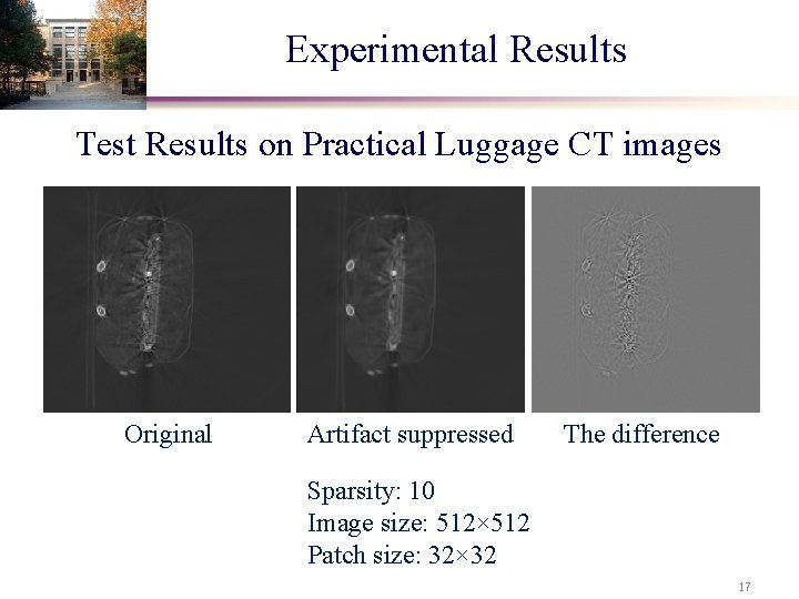 Experimental Results Test Results on Practical Luggage CT images Original Artifact suppressed The difference