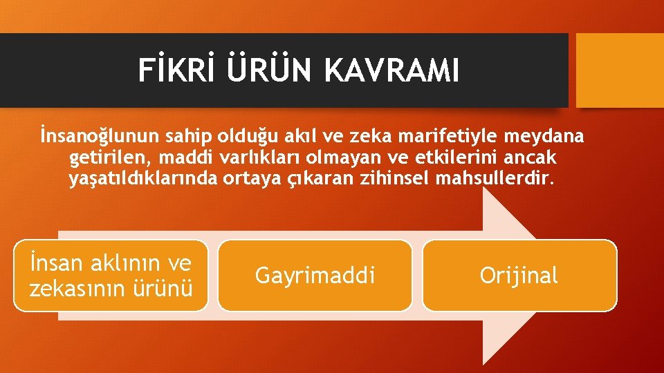 FİKRİ ÜRÜN KAVRAMI İnsanoğlunun sahip olduğu akıl ve zeka marifetiyle meydana getirilen, maddi varlıkları