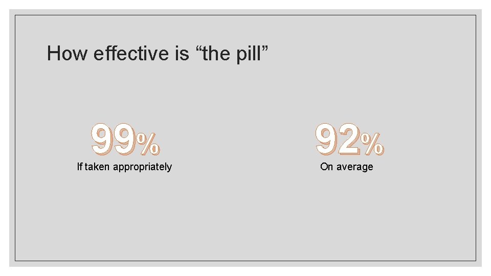 How effective is “the pill” 99% If taken appropriately 92% On average 