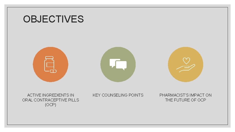 OBJECTIVES ACTIVE INGREDIENTS IN ORAL CONTRACEPTIVE PILLS (OCP) KEY COUNSELING POINTS PHARMACIST’S IMPACT ON