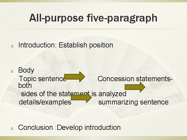 All-purpose five-paragraph ß ß ß Introduction: Establish position Body Topic sentence Concession statementsboth sides