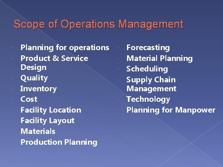 Scope of Operations Management Planning for operations Product & Service Design Quality Inventory Cost