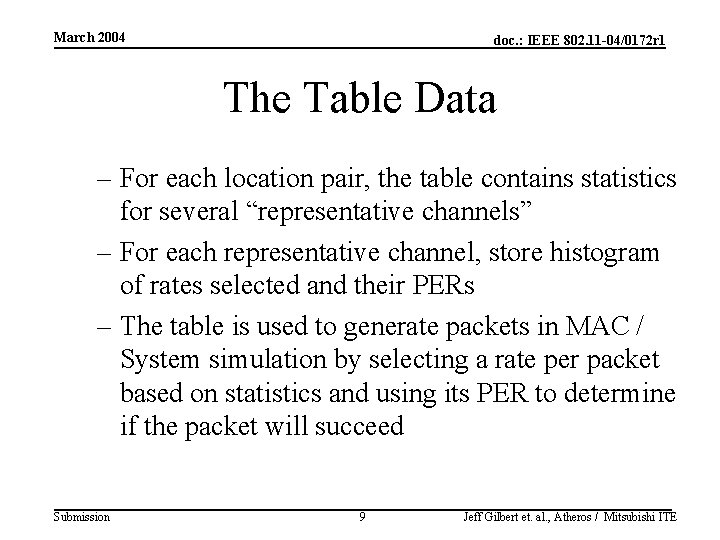 March 2004 doc. : IEEE 802. 11 -04/0172 r 1 The Table Data –