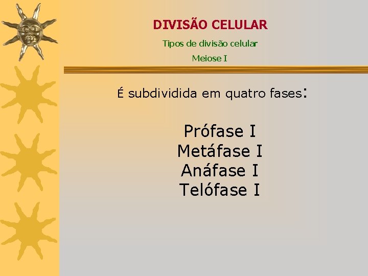 DIVISÃO CELULAR Tipos de divisão celular Meiose I É subdividida em quatro fases: Prófase