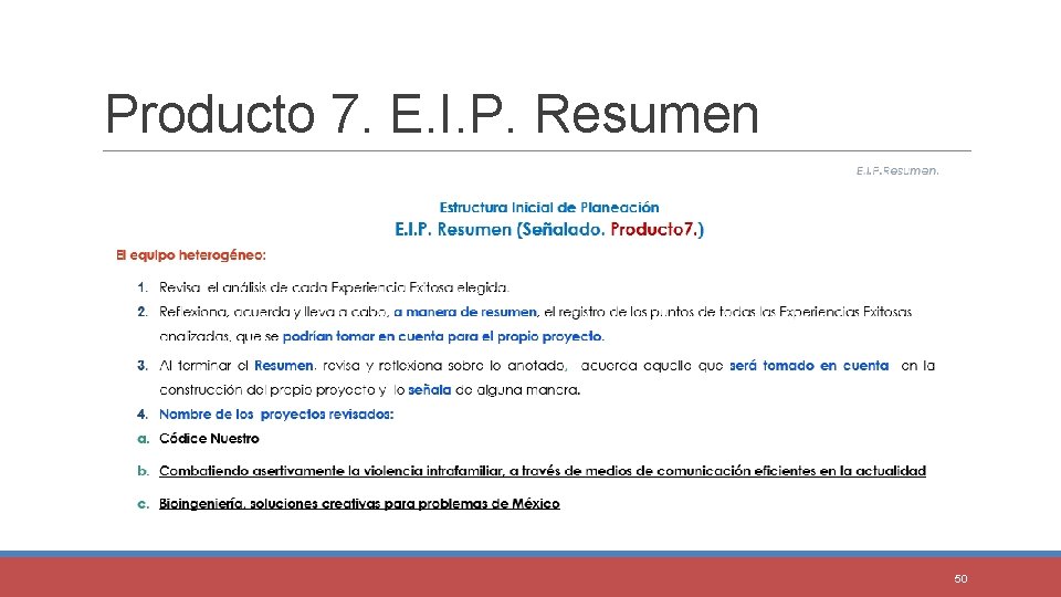 Producto 7. E. I. P. Resumen 50 