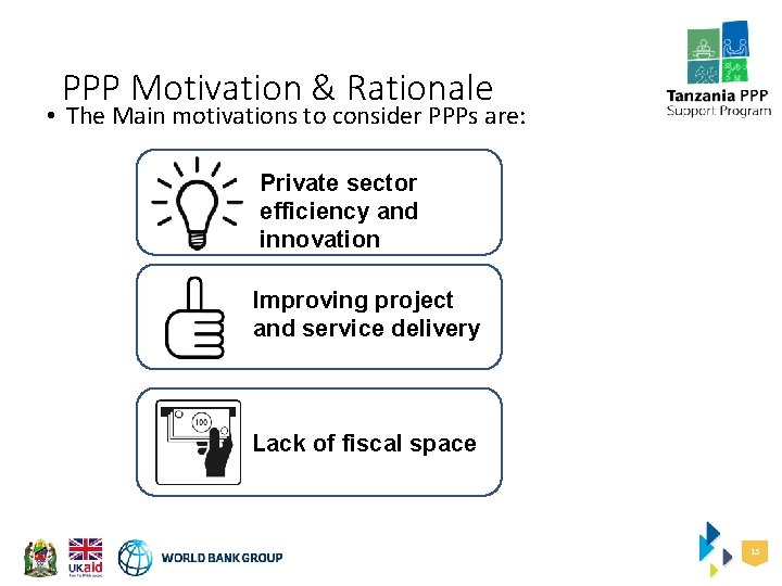 PPP Motivation & Rationale • The Main motivations to consider PPPs are: Private sector