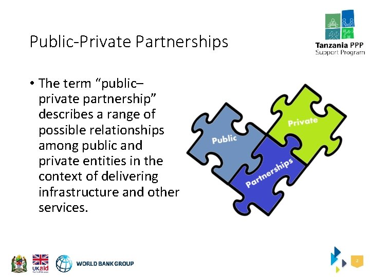 Public-Private Partnerships • The term “public– private partnership” describes a range of possible relationships