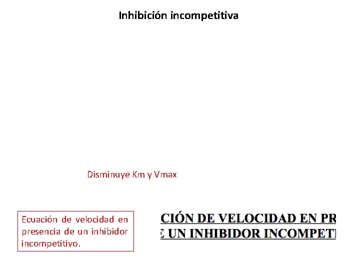 Inhibición incompetitiva Disminuye Km y Vmax Ecuación de velocidad en presencia de un inhibidor