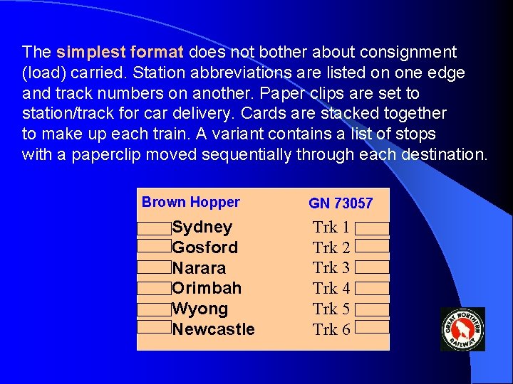 The simplest format does not bother about consignment (load) carried. Station abbreviations are listed