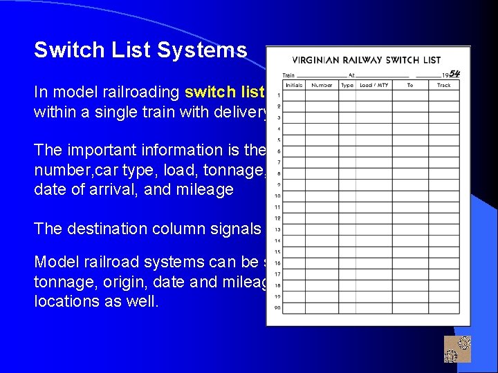 Switch List Systems In model railroading switch lists are ordered lists of cars within