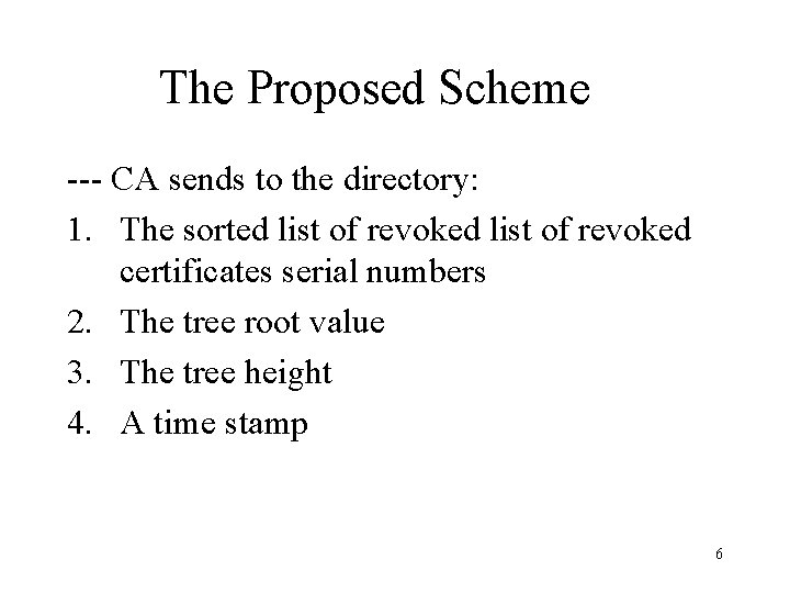The Proposed Scheme --- CA sends to the directory: 1. The sorted list of