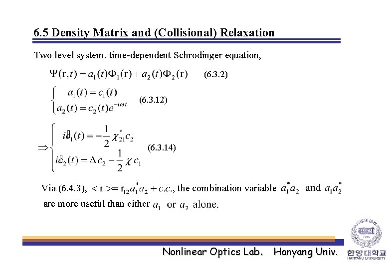 6. 5 Density Matrix and (Collisional) Relaxation Two level system, time-dependent Schrodinger equation, (6.