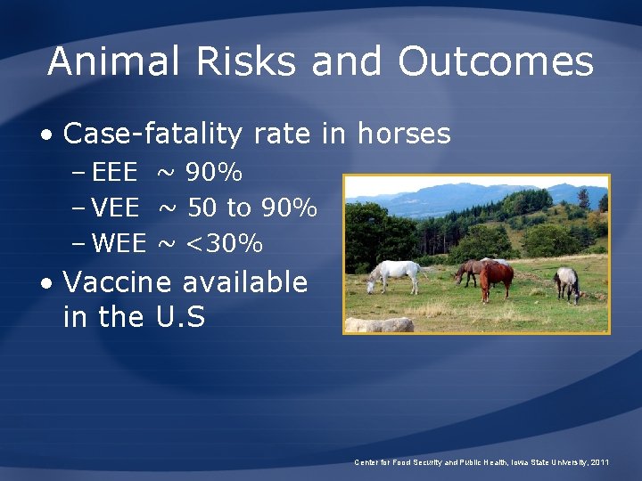 Animal Risks and Outcomes • Case-fatality rate in horses – EEE ~ 90% –