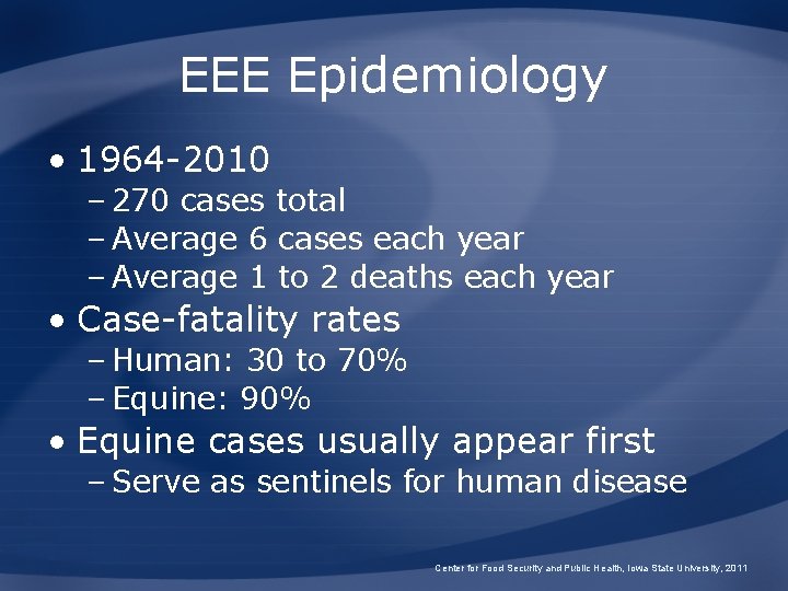 EEE Epidemiology • 1964 -2010 – 270 cases total – Average 6 cases each