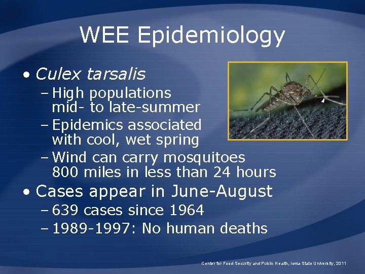 WEE Epidemiology • Culex tarsalis – High populations mid- to late-summer – Epidemics associated
