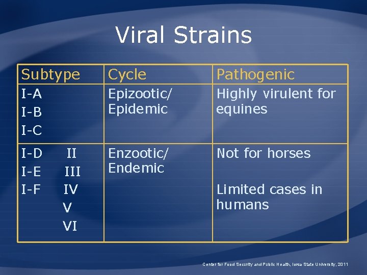 Viral Strains Subtype Cycle Pathogenic I-A I-B I-C Epizootic/ Epidemic Highly virulent for equines