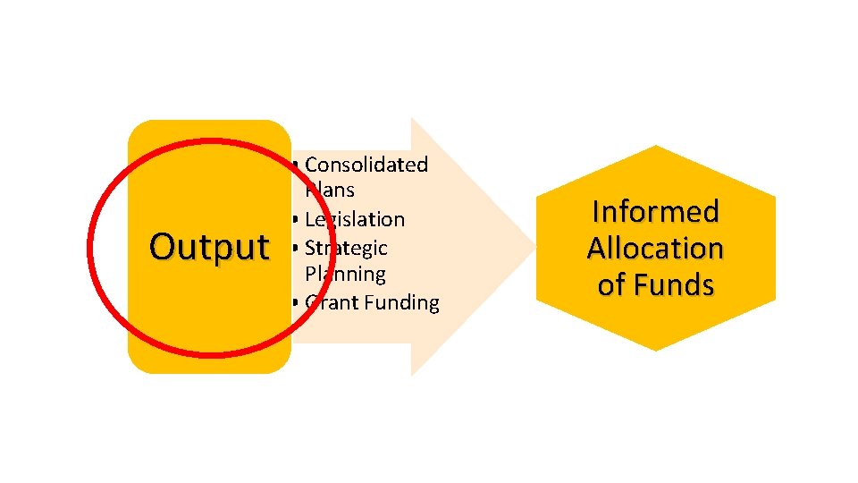 Output • Consolidated Plans • Legislation • Strategic Planning • Grant Funding Informed Allocation