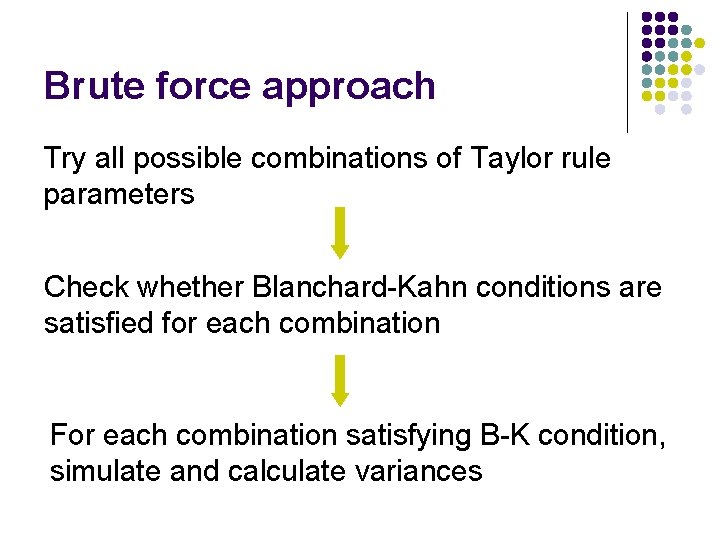 Brute force approach Try all possible combinations of Taylor rule parameters Check whether Blanchard-Kahn