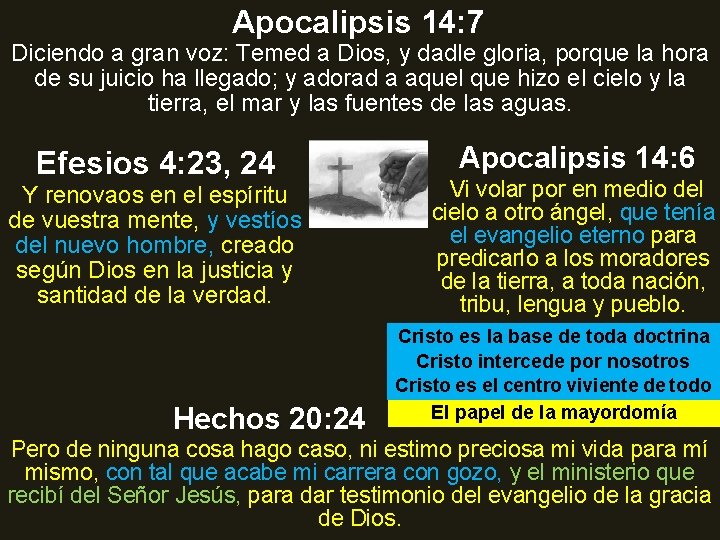 Apocalipsis 14: 7 Diciendo a gran voz: Temed a Dios, y dadle gloria, porque