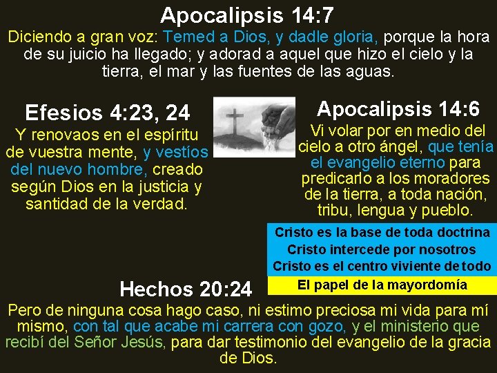 Apocalipsis 14: 7 Diciendo a gran voz: Temed a Dios, y dadle gloria, porque