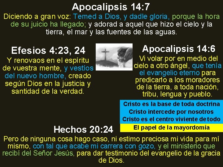 Apocalipsis 14: 7 Diciendo a gran voz: Temed a Dios, y dadle gloria, porque