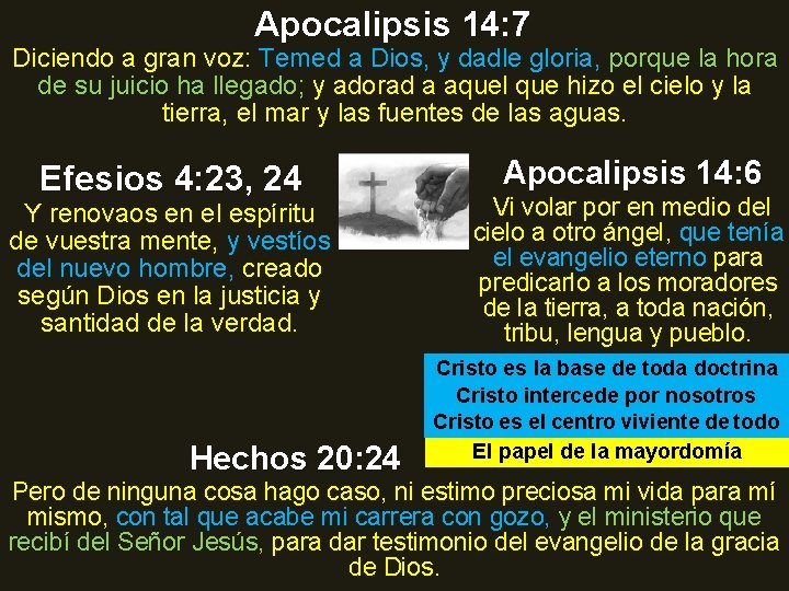 Apocalipsis 14: 7 Diciendo a gran voz: Temed a Dios, y dadle gloria, porque