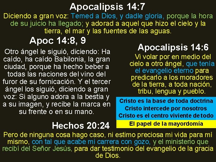 Apocalipsis 14: 7 Diciendo a gran voz: Temed a Dios, y dadle gloria, porque