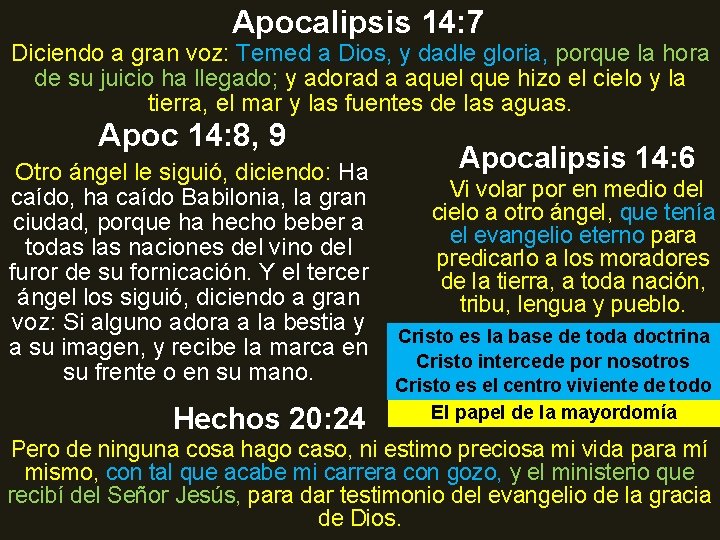 Apocalipsis 14: 7 Diciendo a gran voz: Temed a Dios, y dadle gloria, porque