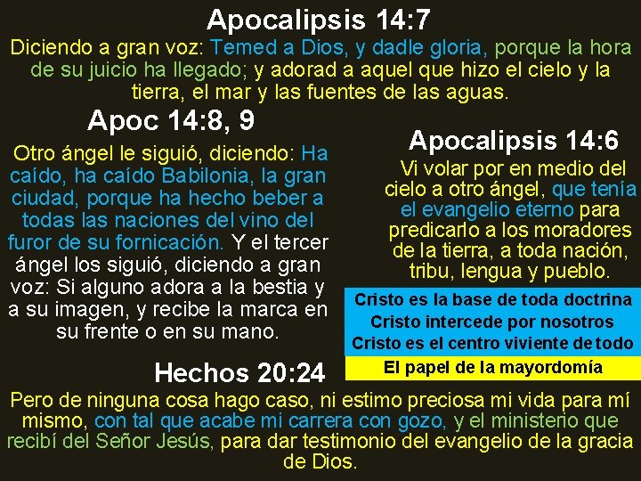 Apocalipsis 14: 7 Diciendo a gran voz: Temed a Dios, y dadle gloria, porque