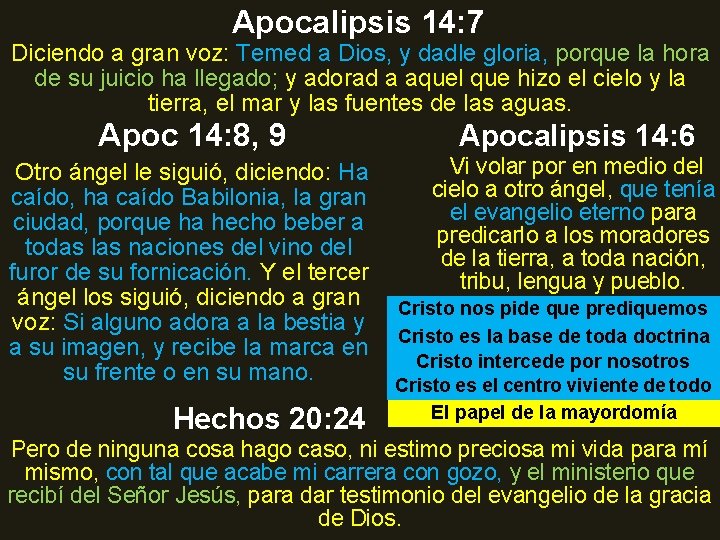 Apocalipsis 14: 7 Diciendo a gran voz: Temed a Dios, y dadle gloria, porque