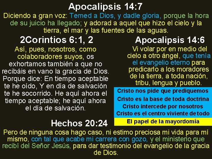 Apocalipsis 14: 7 Diciendo a gran voz: Temed a Dios, y dadle gloria, porque