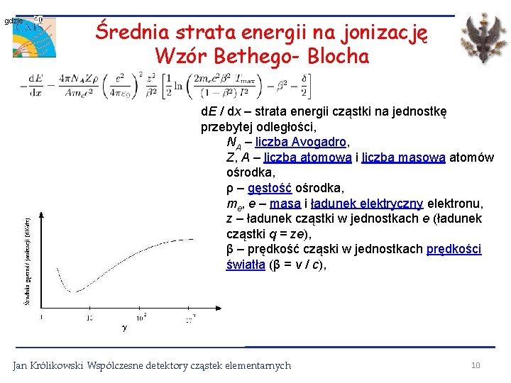gdzie Średnia strata energii na jonizację Wzór Bethego- Blocha d. E / dx –
