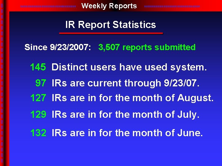 Weekly Reports IR Report Statistics Since 9/23/2007: 3, 507 reports submitted 145 Distinct users