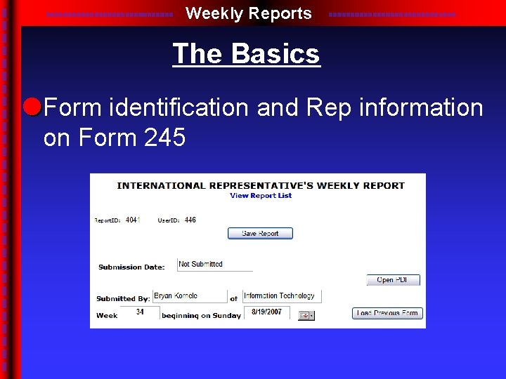 Weekly Reports The Basics Form identification and Rep information on Form 245 