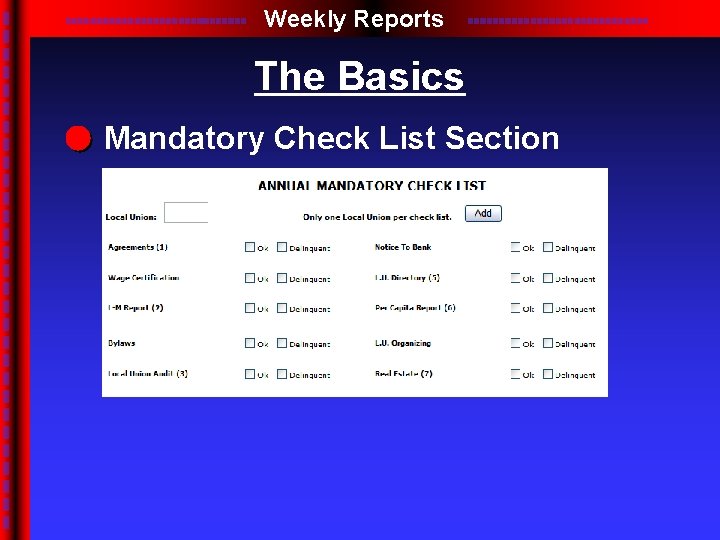 Weekly Reports The Basics Mandatory Check List Section 