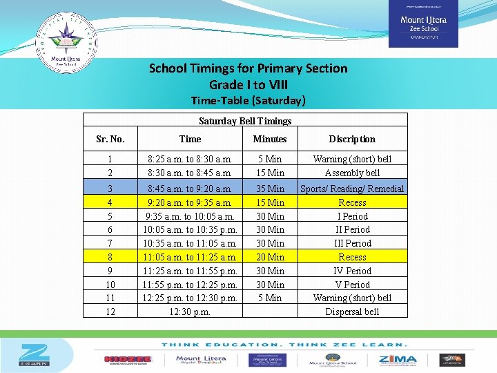 School Timings for Primary Section Grade I to VIII Time-Table (Saturday) Saturday Bell Timings