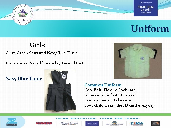Uniform Girls Olive Green Shirt and Navy Blue Tunic. Black shoes, Navy blue socks,