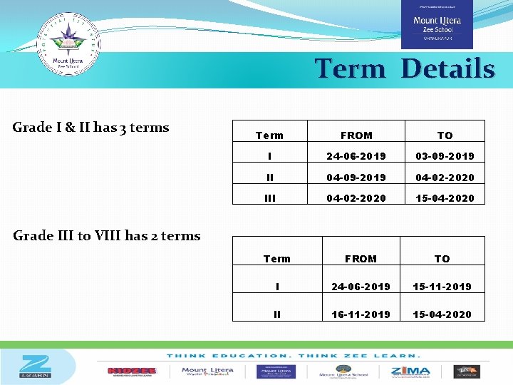 Term Details Grade I & II has 3 terms Term FROM TO I 24