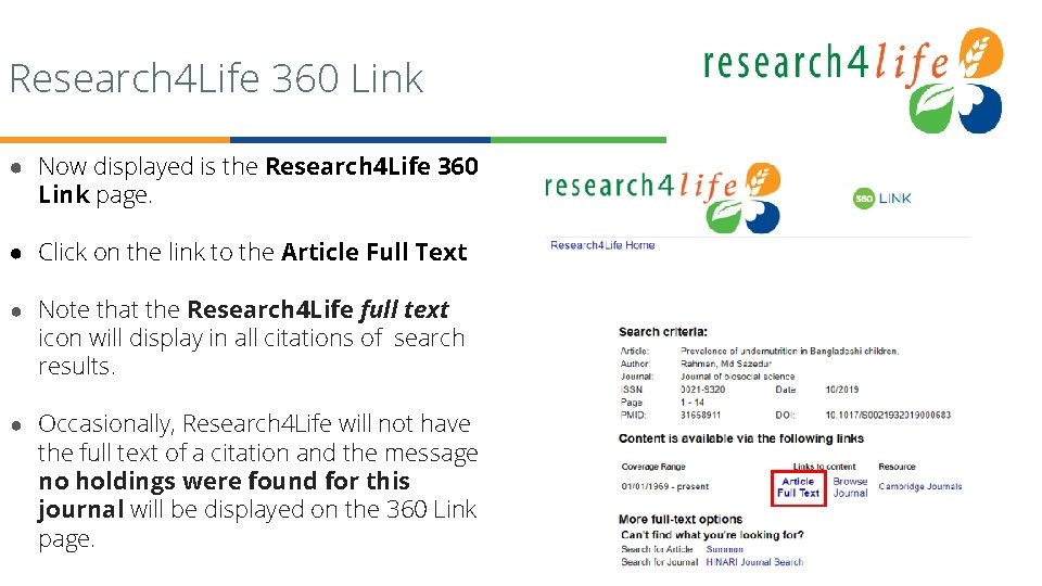 Research 4 Life 360 Link ● Now displayed is the Research 4 Life 360