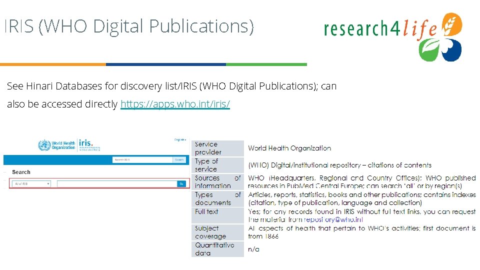 IRIS (WHO Digital Publications) See Hinari Databases for discovery list/IRIS (WHO Digital Publications); can