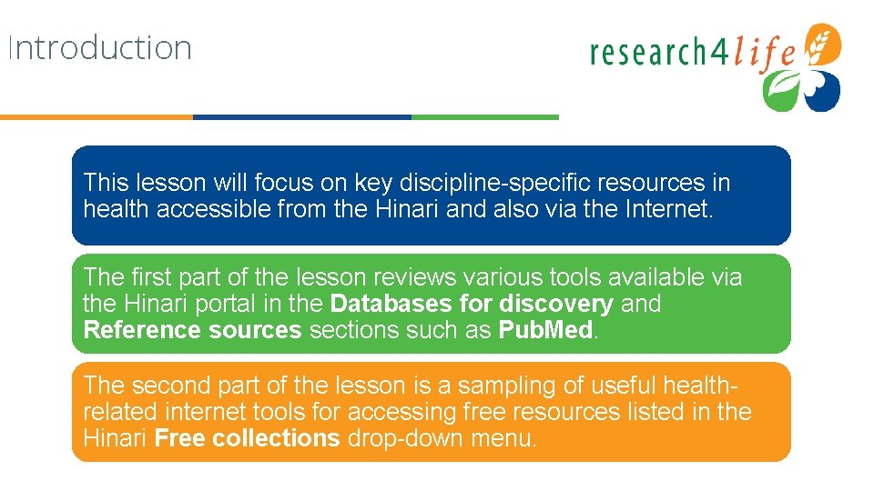 Introduction This lesson will focus on key discipline-specific resources in health accessible from the