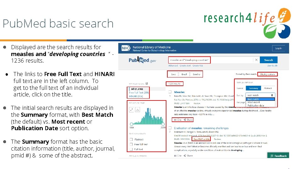 Pub. Med basic search ● Displayed are the search results for measles and “developing