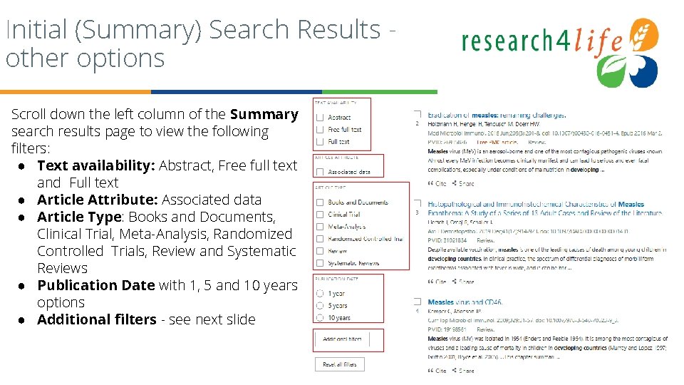 Initial (Summary) Search Results other options Scroll down the left column of the Summary